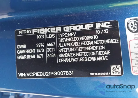 2023 Fisker Ocean Extreme z USA, uszkodzony, nr VIN VCF1EBU21PG007831